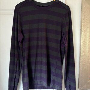 Lululemon Mens Medium Gray and Purple Stripe Crew Neck Long Sleeve Rulu Shirt